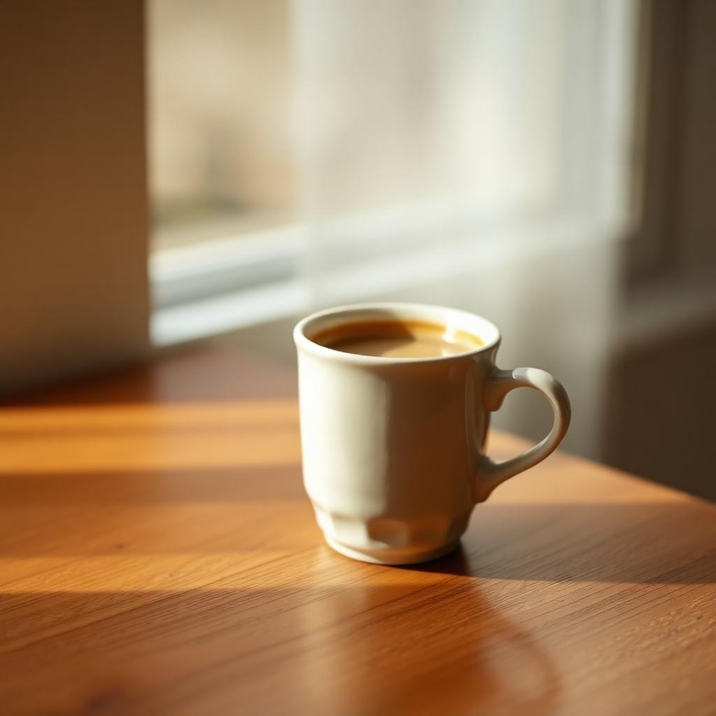 Coffee cup on a wooden surface in warm natural light