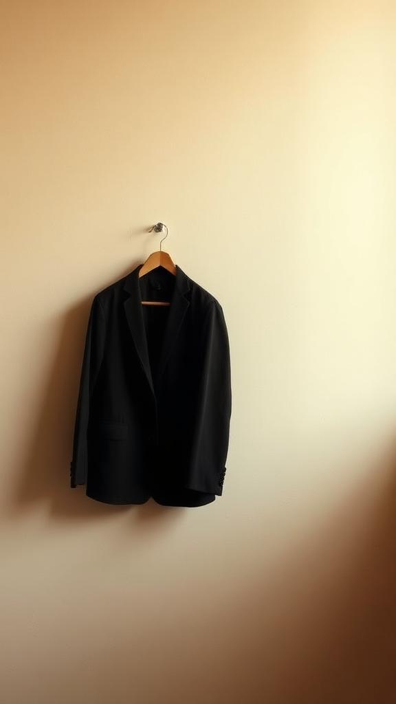 A single jacket on a wooden hanger against a warm neutral wall