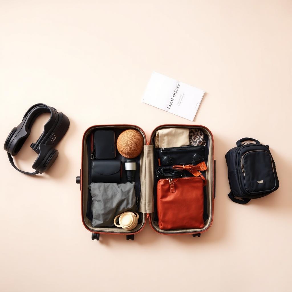 Open carry-on suitcase packed with travel accessories