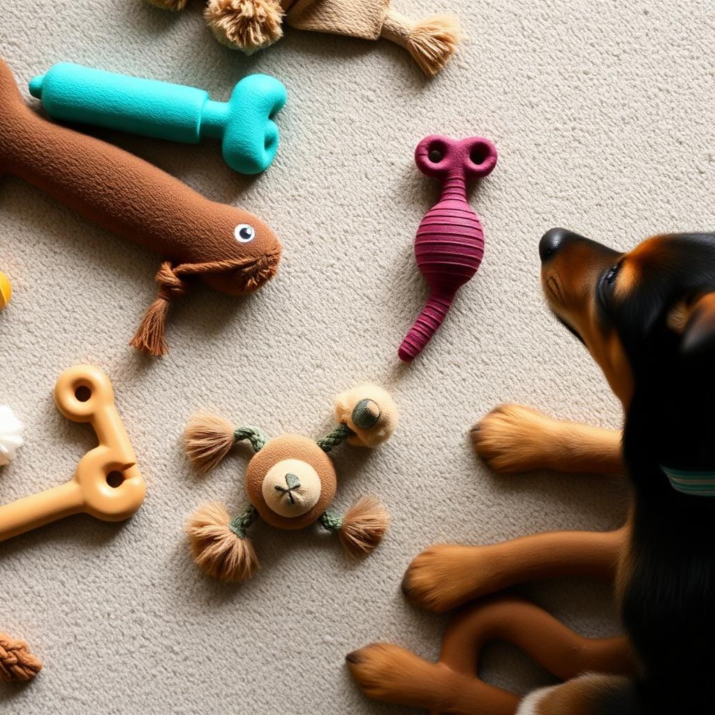 Flat-lay of dog toys on a neutral rug with one worn toy in focus