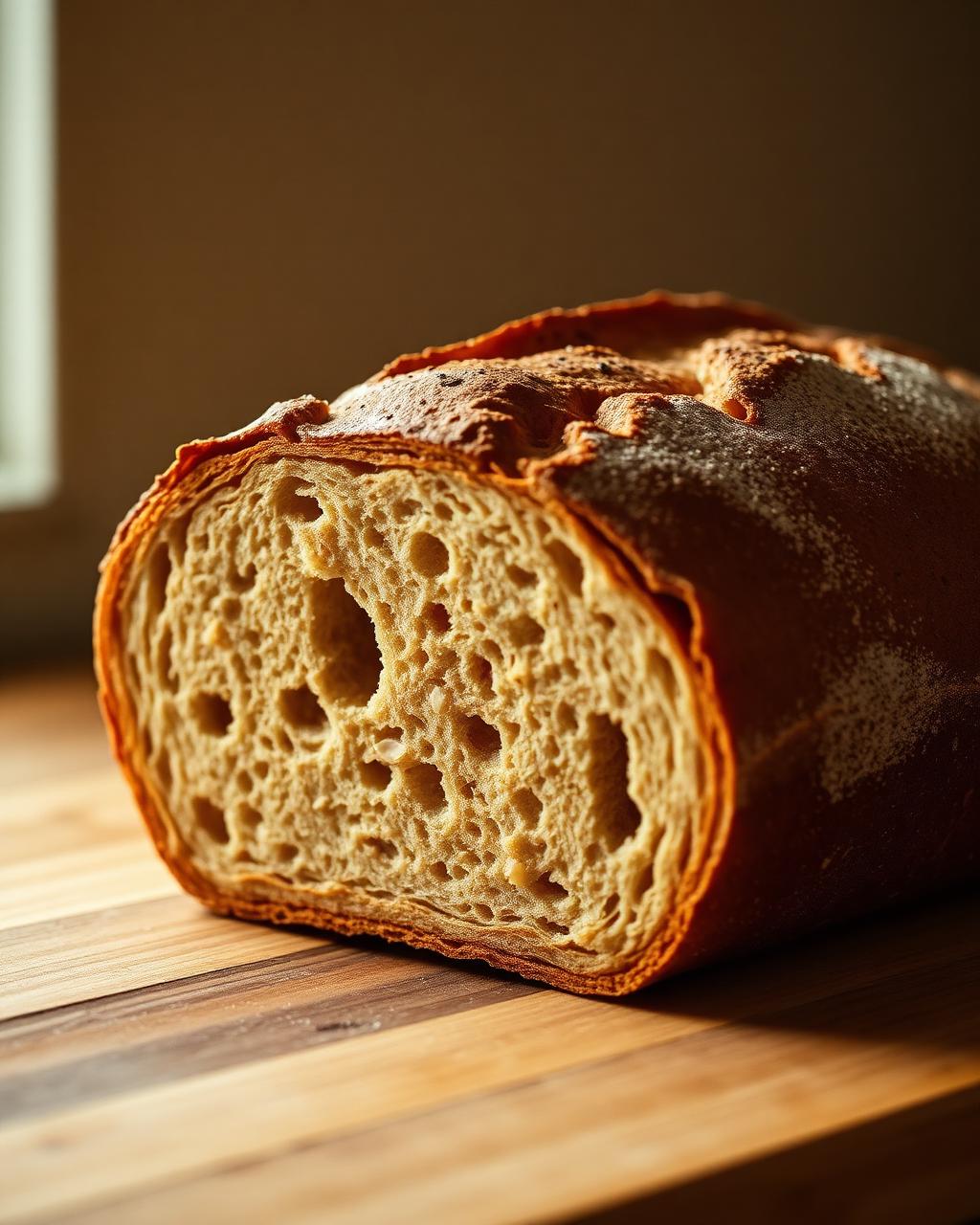 Fresh rye loaf on a wooden counter in warm morning light